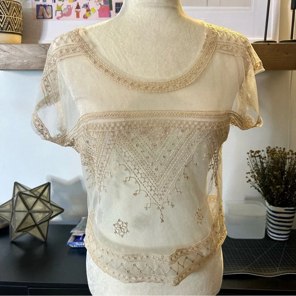 Free People Sheer Short Sleeve Embroidered Top - Picture 1 of 7
